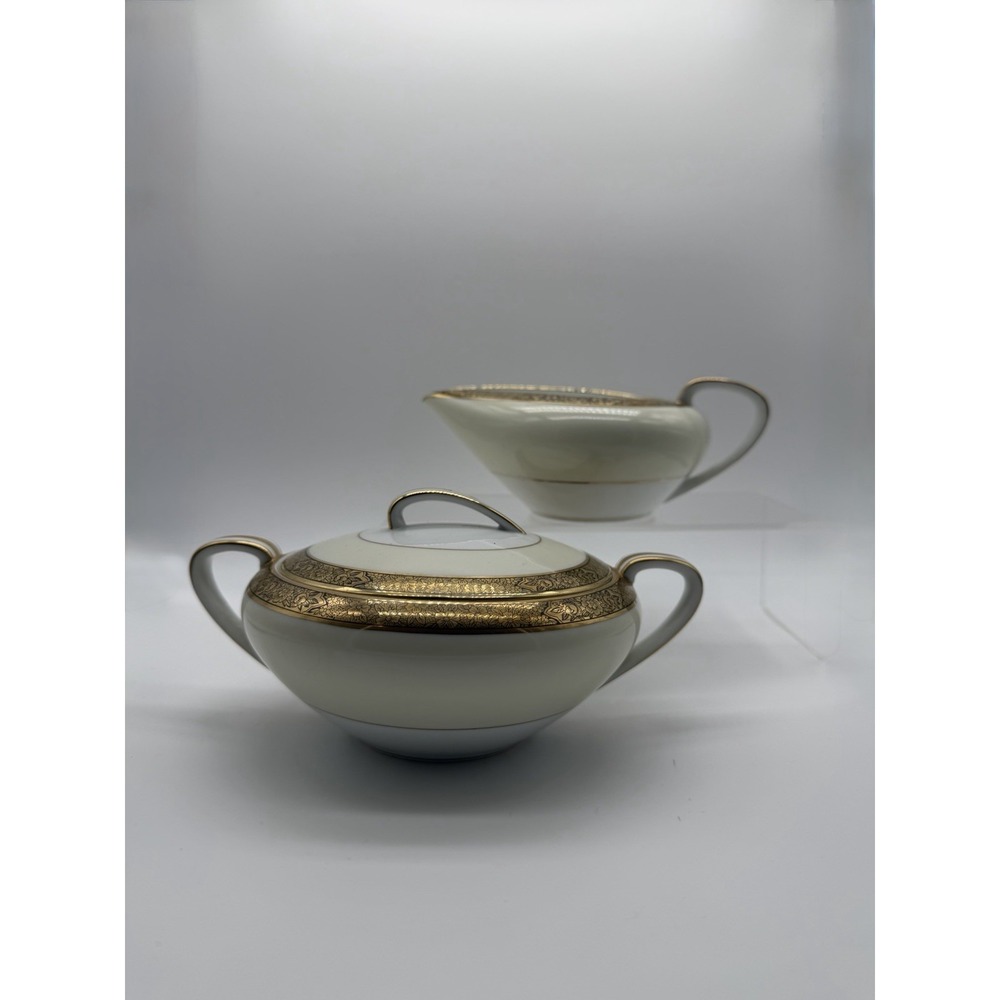Vintage Noritake  #5187 Art Deco Sugar Bowl With Lid And Creamer Gold Edge